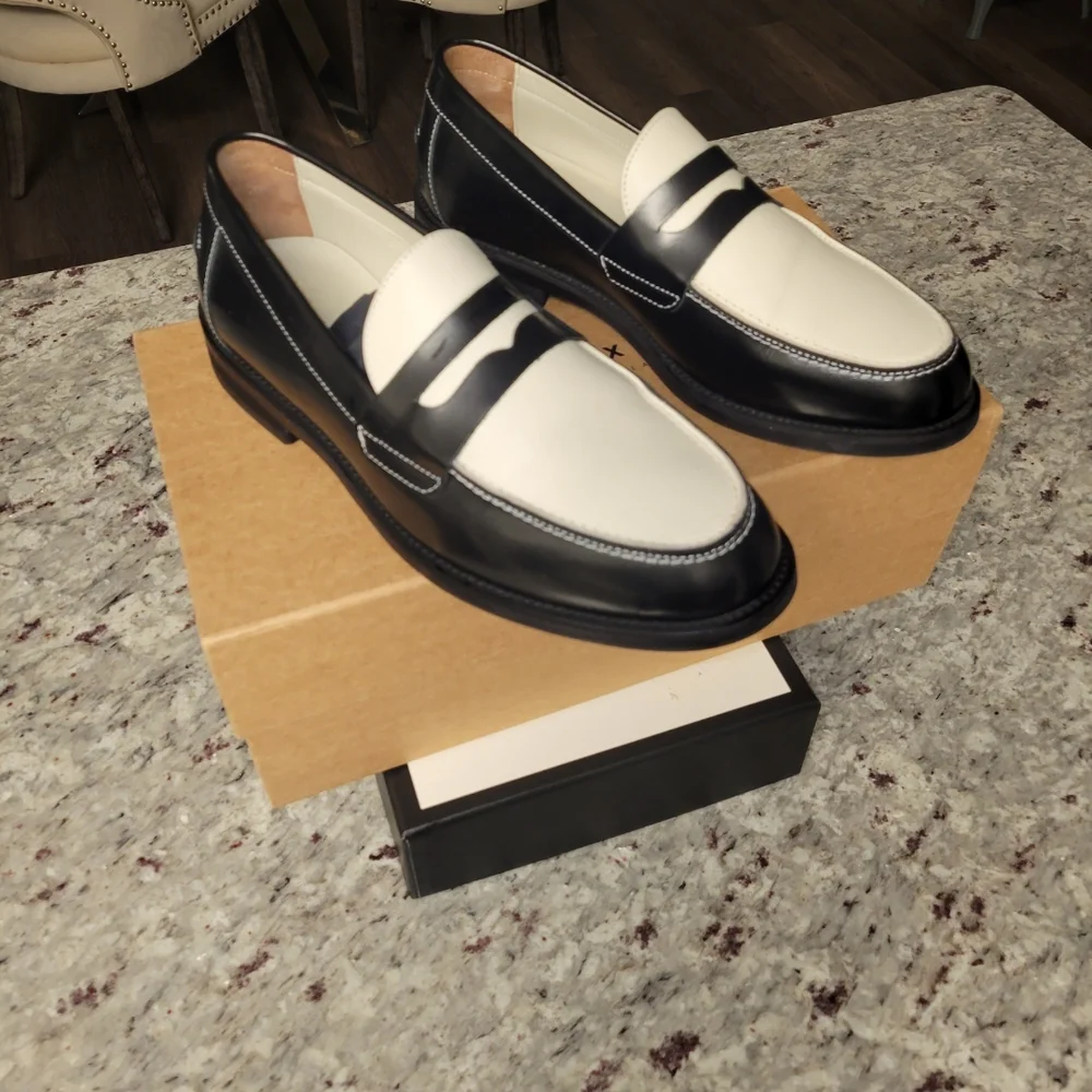 Black and White Loafers with Textured Upper and Decorative Strap - Picture 2 of 6